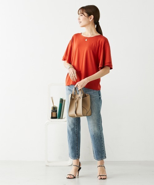 nissen（ニッセン）の「ゆるっと落ち感　袖フリルトップス（Tシャツ/カットソー・レディース・マスタード/テラコッタ/ネイビー/ブラック/グレイッシュベージュ/カーキ/ブルー/ピンク/ライム・LL/L/S/M）」の18枚目の写真