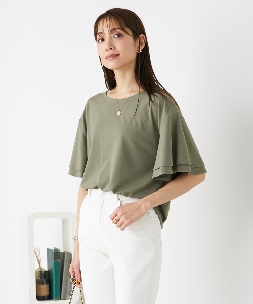 nissen（ニッセン）の「ゆるっと落ち感　袖フリルトップス（Tシャツ/カットソー・レディース・マスタード/テラコッタ/ネイビー/ブラック/グレイッシュベージュ/カーキ/ブルー/ピンク/ライム・LL/L/S/M）」の20枚目の写真