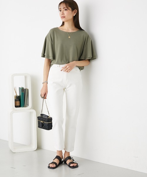 nissen（ニッセン）の「ゆるっと落ち感　袖フリルトップス（Tシャツ/カットソー・レディース・マスタード/テラコッタ/ネイビー/ブラック/グレイッシュベージュ/カーキ/ブルー/ピンク/ライム・LL/L/S/M）」の21枚目の写真