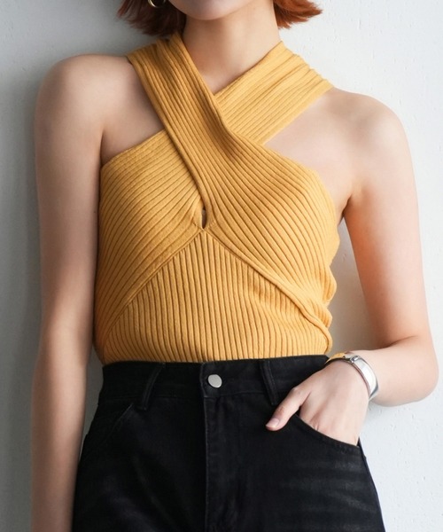 SAISON DE PAPILLON（セゾンドパピヨン）の「リブ編み3way サマーニットトップス（タンクトップ・レディース・ピンク/ブラック/マスタード/ピンクベージュ・L/M）」の3枚目の写真