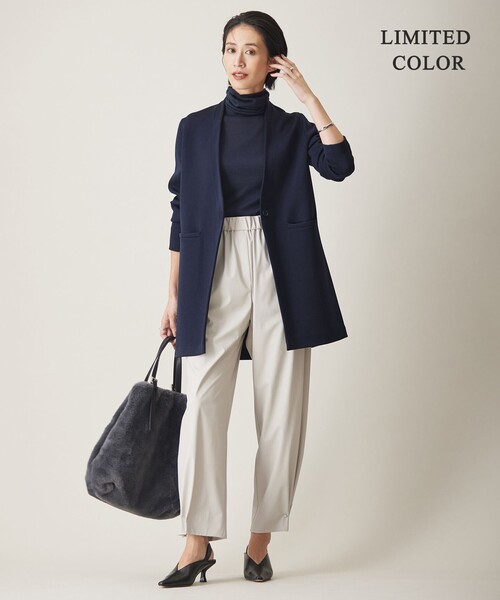 ICB(アイシービー)の「【洗える】シンセティックヤーンスムース ロングニットジャケット(ノーカラージャケット・レディース・黄土色系/ネイビー系/ブラック系/ライトイエロー系・X-SMALL/MEDIUM/SMALL)」の7枚目の写真