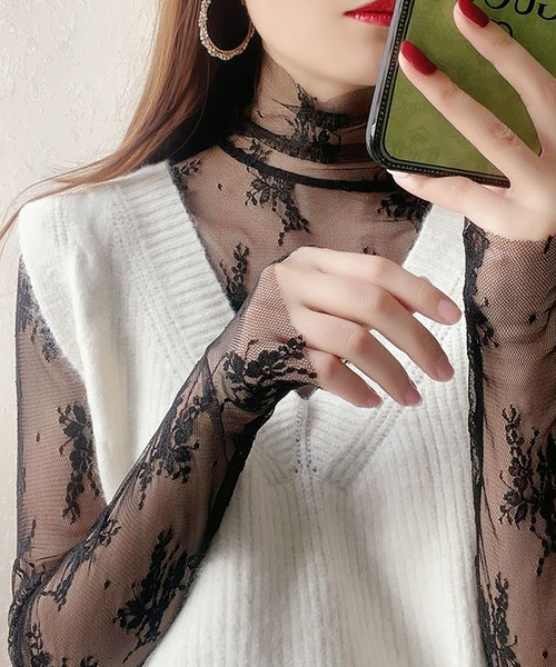 DEVICE(デバイス)の「レース フラワー シアー タートル トップス(Tシャツ/カットソー・レディース・ホワイト/ブラック・FREE)」の5枚目の写真