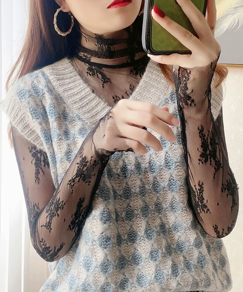 DEVICE(デバイス)の「レース フラワー シアー タートル トップス(Tシャツ/カットソー・レディース・ホワイト/ブラック・FREE)」の6枚目の写真