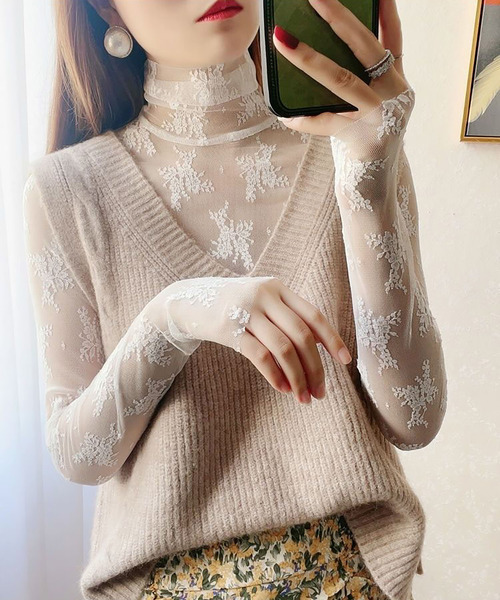 DEVICE(デバイス)の「レース フラワー シアー タートル トップス(Tシャツ/カットソー・レディース・ホワイト/ブラック・FREE)」の8枚目の写真