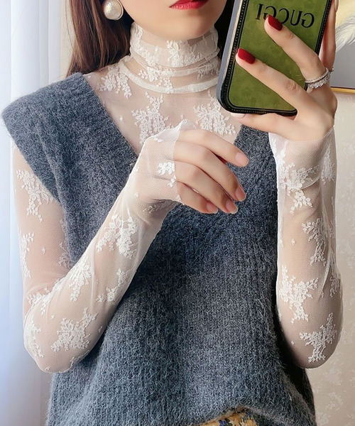 DEVICE(デバイス)の「レース フラワー シアー タートル トップス(Tシャツ/カットソー・レディース・ホワイト/ブラック・FREE)」の9枚目の写真