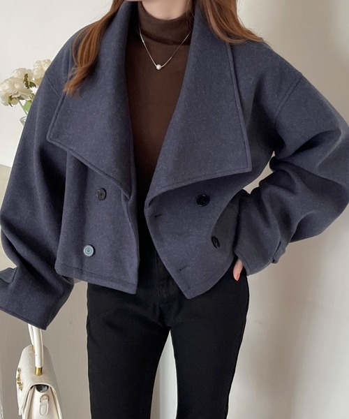 emi+(エミプラス)の「ダブルボタンミックス調メルトンビックカラーオーバーショートコート(ピーコート・レディース・杢グレー/ブラック/ネイビー・M/L)」の5枚目の写真