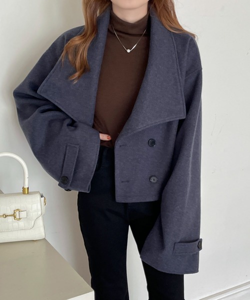 emi+(エミプラス)の「ダブルボタンミックス調メルトンビックカラーオーバーショートコート(ピーコート・レディース・杢グレー/ブラック/ネイビー・M/L)」の9枚目の写真