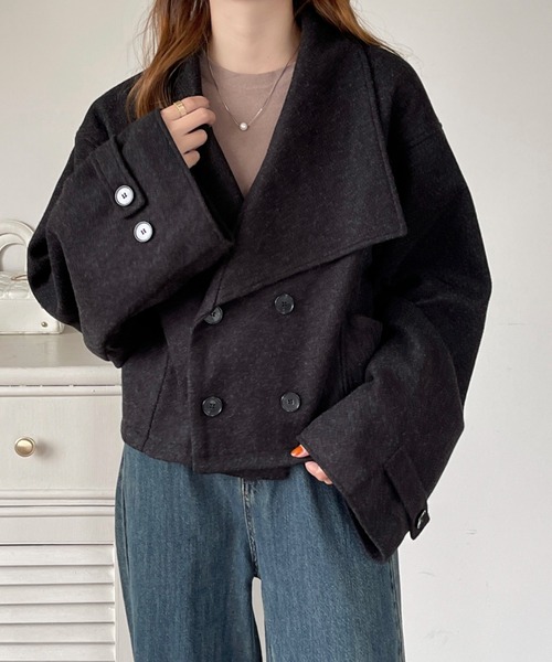 emi+(エミプラス)の「ダブルボタンミックス調メルトンビックカラーオーバーショートコート(ピーコート・レディース・杢グレー/ブラック/ネイビー・M/L)」の13枚目の写真