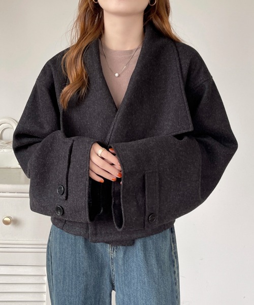 emi+(エミプラス)の「ダブルボタンミックス調メルトンビックカラーオーバーショートコート(ピーコート・レディース・杢グレー/ブラック/ネイビー・M/L)」の14枚目の写真