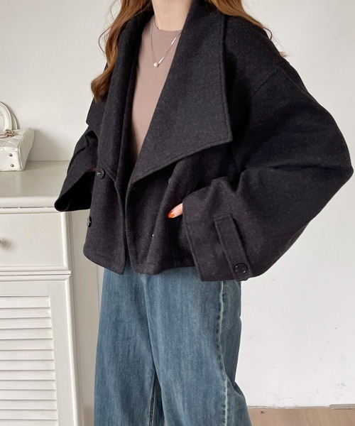 emi+(エミプラス)の「ダブルボタンミックス調メルトンビックカラーオーバーショートコート(ピーコート・レディース・杢グレー/ブラック/ネイビー・M/L)」の15枚目の写真