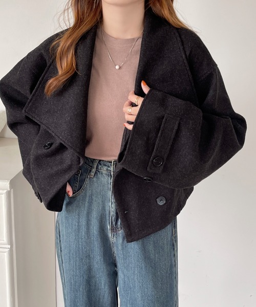 emi+(エミプラス)の「ダブルボタンミックス調メルトンビックカラーオーバーショートコート(ピーコート・レディース・杢グレー/ブラック/ネイビー・M/L)」の16枚目の写真