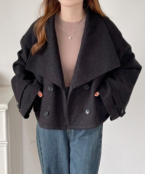 emi+(エミプラス)の「ダブルボタンミックス調メルトンビックカラーオーバーショートコート(ピーコート・レディース・杢グレー/ブラック/ネイビー・M/L)」の17枚目の写真