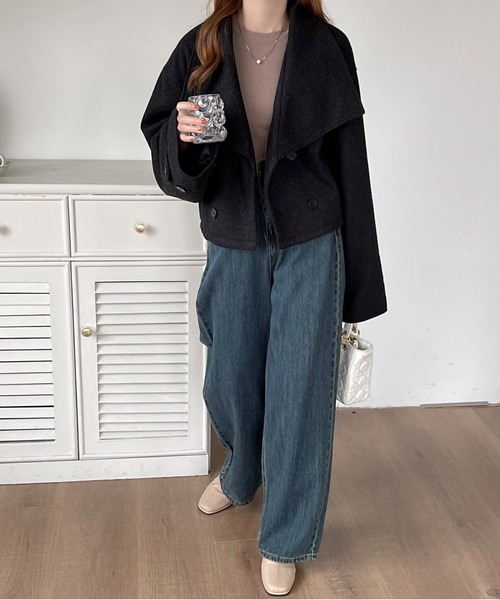 emi+(エミプラス)の「ダブルボタンミックス調メルトンビックカラーオーバーショートコート(ピーコート・レディース・杢グレー/ブラック/ネイビー・M/L)」の18枚目の写真