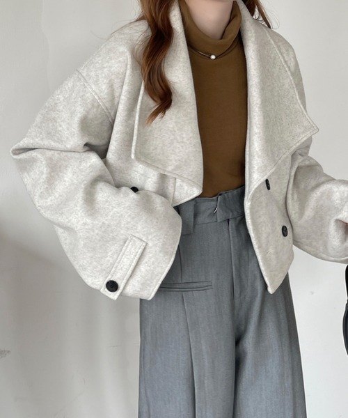 emi+(エミプラス)の「ダブルボタンミックス調メルトンビックカラーオーバーショートコート(ピーコート・レディース・杢グレー/ブラック/ネイビー・M/L)」の21枚目の写真