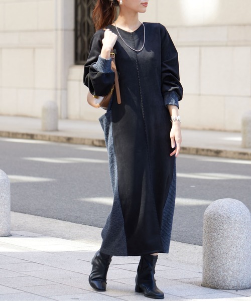 Chez toi（シェトワ）の「前後2WAYスエード×リブワンピース（ワンピース・レディース・ブラック/グレイッシュベージュ/モカ/ネイビー・FREE）」の3枚目の写真