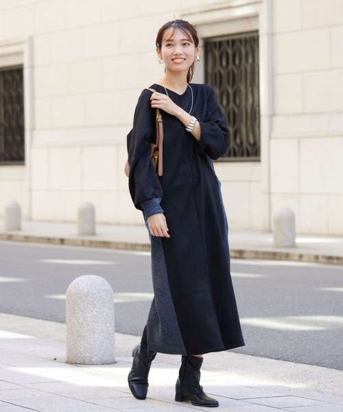 Chez toi（シェトワ）の「前後2WAYスエード×リブワンピース（ワンピース・レディース・ブラック/グレイッシュベージュ/モカ/ネイビー・FREE）」の6枚目の写真