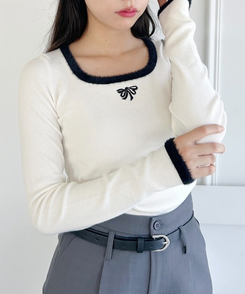 Loueme(ルエム)の「リボン刺繍シャギートリムリブニットトップス(ニット/セーター・レディース・ブラック/ピンク/アイボリー・FREE)」の18枚目の写真