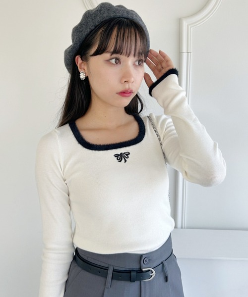 Loueme(ルエム)の「リボン刺繍シャギートリムリブニットトップス(ニット/セーター・レディース・ブラック/ピンク/アイボリー・FREE)」の20枚目の写真