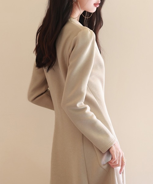 セール】【大人気】ポンチ素材Vネックゴアードワンピース（ワンピース