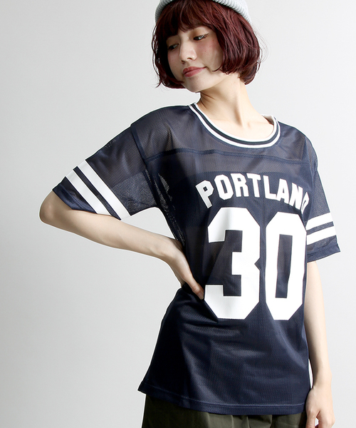 WOOD BLOCK ナンバリング メッシュシャツ 42 ネイビー WEGO（ウィゴー）の「WEGO/ナンバリングメッシュTシャツ（Tシャツ