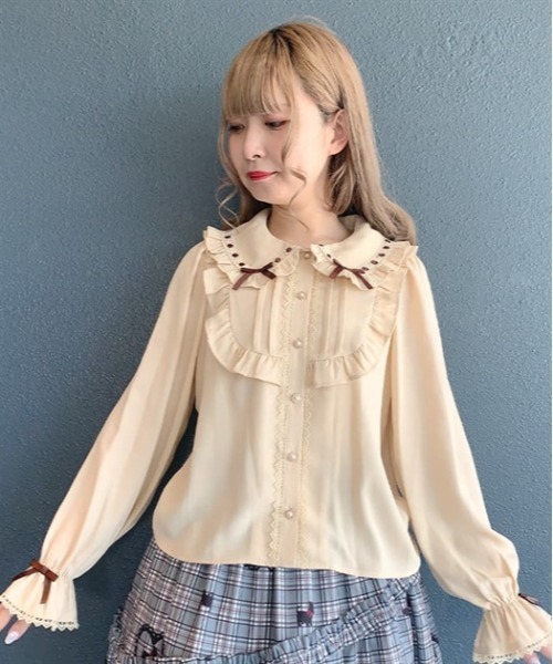 axes femme kawaii梯子レース半袖ブラウス（白×サックス） プチリボン半袖ブラウス | kawaii | axes femme online shop