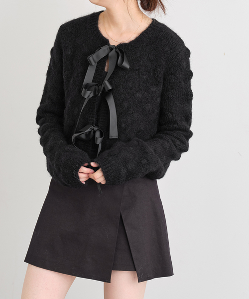 自由区【ハイライン】リボンカーディガン VIS カーディガン 「WEB/一部店舗限定」リボンコード刺繍Vネック