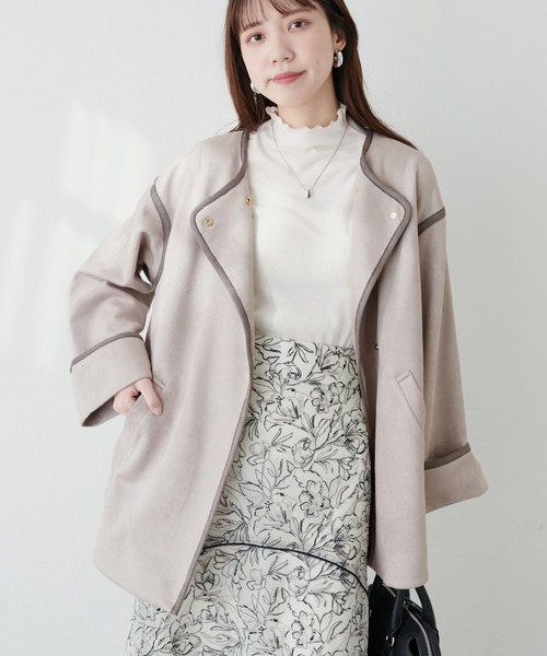 natural couture（ナチュラルクチュール）の「配色お上品ミドル丈トッパーコート（ノーカラーコート・レディース・モカ/ミント/ライトベージュ/グレイッシュベージュ・FREE）」の20枚目の写真