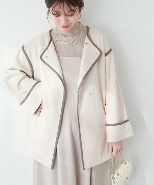 natural couture（ナチュラルクチュール）の「配色お上品ミドル丈トッパーコート（ノーカラーコート・レディース・モカ/ミント/ライトベージュ/グレイッシュベージュ・FREE）」の13枚目の写真