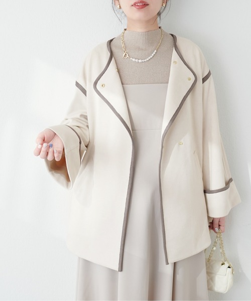 natural couture（ナチュラルクチュール）の「配色お上品ミドル丈トッパーコート（ノーカラーコート・レディース・モカ/ミント/ライトベージュ/グレイッシュベージュ・FREE）」の14枚目の写真