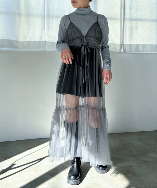 EPIMI E'PIMMY（エピミエピミー）の「2WAYティアードチュールキャミワンピ（ワンピース・レディース・ブラック/アイボリー/チャコールグレー/グレー・MEDIUM）」の5枚目の写真