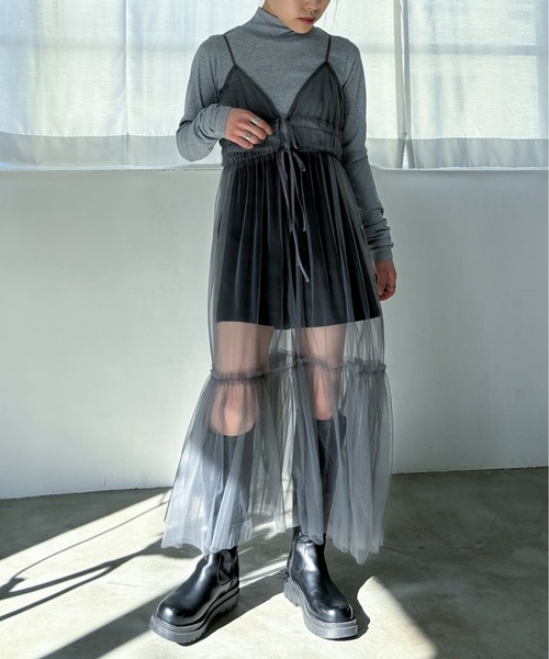 EPIMI E'PIMMY（エピミエピミー）の「2WAYティアードチュールキャミワンピ（ワンピース・レディース・ブラック/アイボリー/チャコールグレー/グレー・MEDIUM）」の11枚目の写真