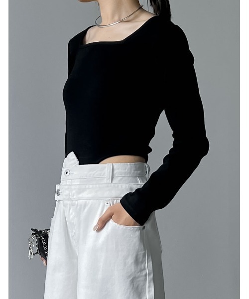 Re:EDIT（リエディ）の「[2024SS COLLECTION]ストレッチリブハイレグトップス（Tシャツ/カットソー・レディース・ホワイト/ブラック/グレー・MEDIUM/LARGE）」の6枚目の写真