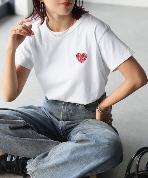 セール】ハートロゴラメ刺繍コンパクトTシャツ（Tシャツ/カットソー