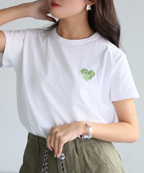【 】ハートロゴ刺繍 T シャツ セール】ハートロゴラメ刺繍コンパクトTシャツ（Tシャツ