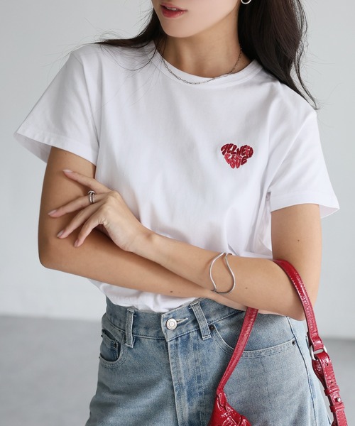 セール】ハートロゴラメ刺繍コンパクトTシャツ（Tシャツ