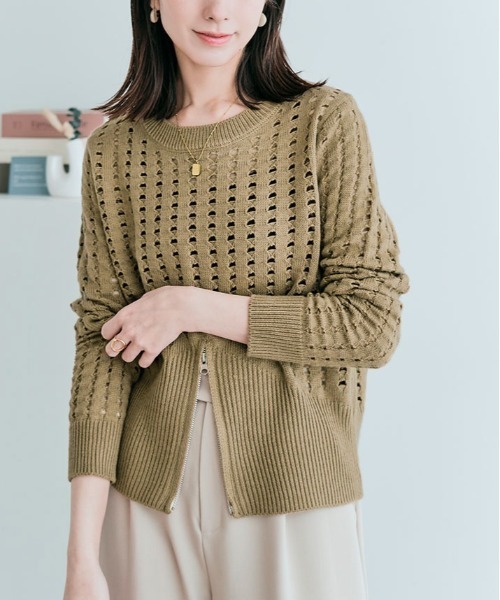 kirakiraShop(キラキラショップ)の「クロシェ編み ハーフジップ ロング スリーブ トップス(ニット/セーター・レディース・ベージュ系その他/アイボリー/ブラック・M)」の3枚目の写真