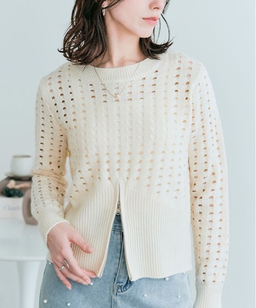 kirakiraShop(キラキラショップ)の「クロシェ編み ハーフジップ ロング スリーブ トップス(ニット/セーター・レディース・ベージュ系その他/アイボリー/ブラック・M)」の7枚目の写真