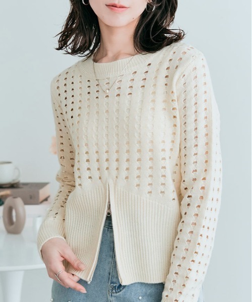 kirakiraShop(キラキラショップ)の「クロシェ編み ハーフジップ ロング スリーブ トップス(ニット/セーター・レディース・ベージュ系その他/アイボリー/ブラック・M)」の10枚目の写真