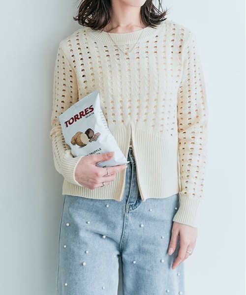kirakiraShop(キラキラショップ)の「クロシェ編み ハーフジップ ロング スリーブ トップス(ニット/セーター・レディース・ベージュ系その他/アイボリー/ブラック・M)」の11枚目の写真