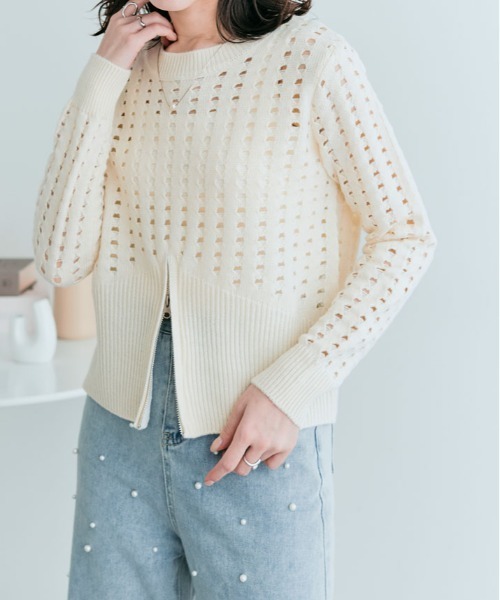 kirakiraShop(キラキラショップ)の「クロシェ編み ハーフジップ ロング スリーブ トップス(ニット/セーター・レディース・ベージュ系その他/アイボリー/ブラック・M)」の14枚目の写真