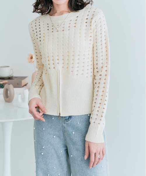 kirakiraShop(キラキラショップ)の「クロシェ編み ハーフジップ ロング スリーブ トップス(ニット/セーター・レディース・ベージュ系その他/アイボリー/ブラック・M)」の18枚目の写真