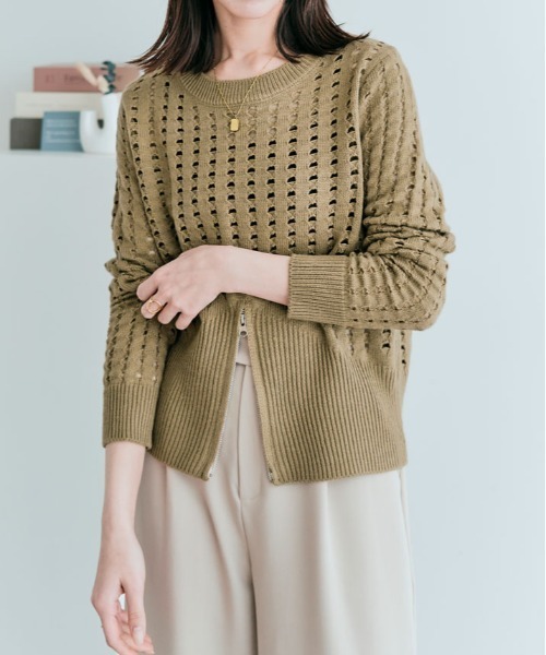 セール】クロシェ編み ハーフジップ ロング スリーブ トップス