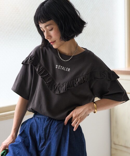 お値下げしました♡ビーズ装飾 濃紺 半袖Tシャツ フリルデザイン ビーズ装飾 濃紺 半袖Tシャツ フリルデザイン - メルカリ