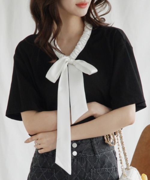 Jasmine Grandiflorum(ジャスミングランディフローラム)の「【Jasmine】リボンハーフスリーブTシャツ(Tシャツ/カットソー・レディース・グレー/その他/ホワイト/その他1・FREE)」の3枚目の写真