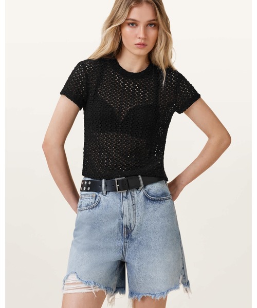ALLSAINTS(オールセインツ)の「KARMA CROCHET STEVIE SLIM FIT T-SHIRT | KARMA クロシェ スティービー スリム フィット Tシャツ(Tシャツ/カットソー・レディース・ブラック・2/4/6/8/10/12)」の1枚目の写真