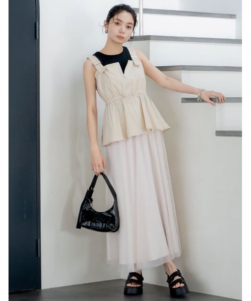 ベスト ジレ 「2024 SUMMER COLLECTION」「2点セット」「低身長サイズ有」ダブルジップペプラムベスト×チュールスカートワンピ レデ Re:EDIT（リエディ）の「[2024 SUMMER COLLECTION][2点セット