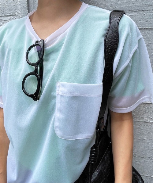 ENIM BY VICKY(エニムバイビッキー)の「ポケット付きシアーTシャツ《手洗い可能》(Tシャツ/カットソー・レディース・ホワイト/グリーン/ピンク・M)」の1枚目の写真