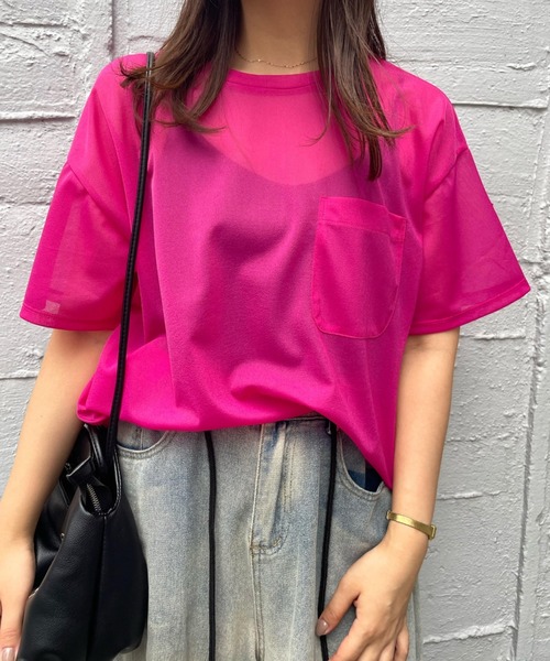 ENIM BY VICKY(エニムバイビッキー)の「ポケット付きシアーTシャツ《手洗い可能》(Tシャツ/カットソー・レディース・ホワイト/グリーン/ピンク・M)」の3枚目の写真