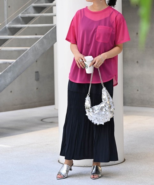 ENIM BY VICKY(エニムバイビッキー)の「ポケット付きシアーTシャツ《手洗い可能》(Tシャツ/カットソー・レディース・ホワイト/グリーン/ピンク・M)」の6枚目の写真