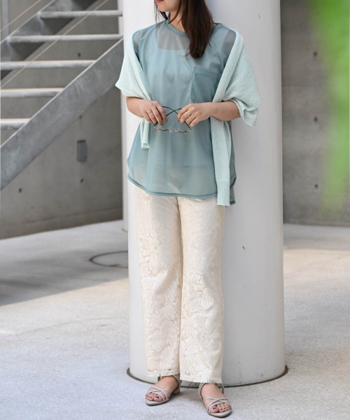 ENIM BY VICKY(エニムバイビッキー)の「ポケット付きシアーTシャツ《手洗い可能》(Tシャツ/カットソー・レディース・ホワイト/グリーン/ピンク・M)」の4枚目の写真